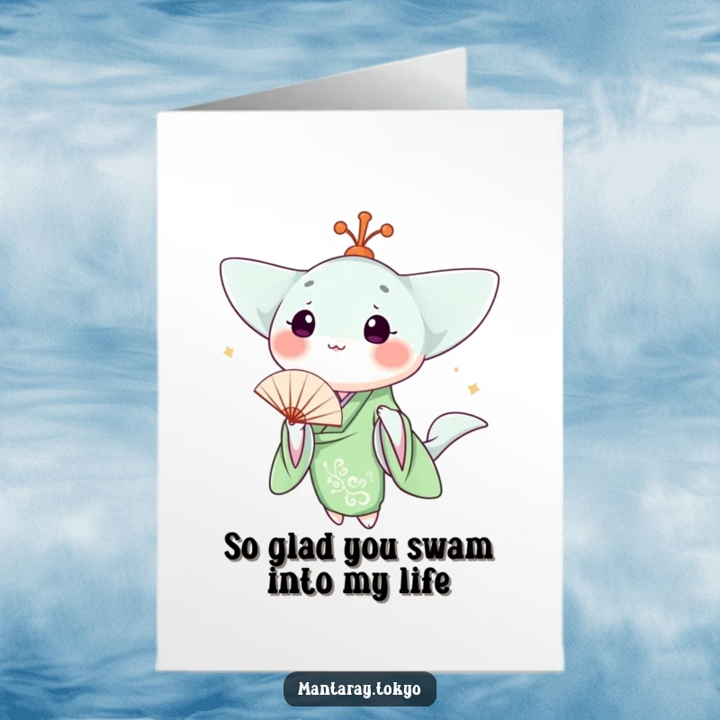 Funny Free Printable Thank You Card: Kawaii manta ray in green kimono, holding fan, expressing heartfelt thanks.