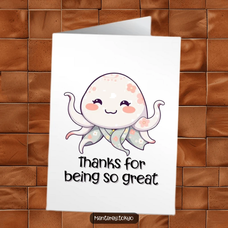 Funny Free Printable Smiling Manta Ray Thank You Card, a ray in a floral kimono waving gratefully.