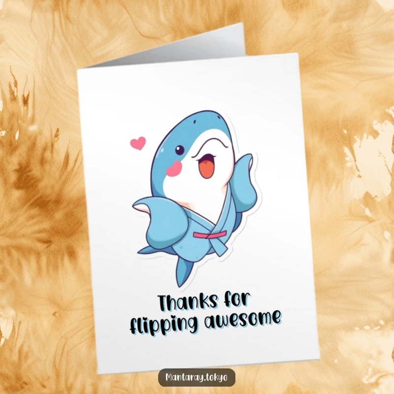Funny Free Printable Thank You Card: A kawaii manta ray in a blue kimono performs a playful flip, perfect for a fun DIY thank you.