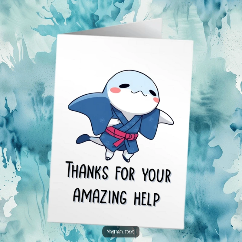 Funny Free Printable Dancing Manta Ray Thank You Card, a ray in an indigo kimono does a dance step.