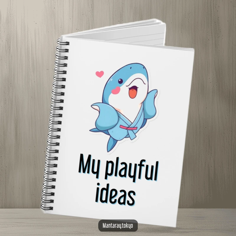 Funny Kawaii Manta Ray Notebook with a cute manta ray in a blue kimono doing a playful flip, perfect for journaling.