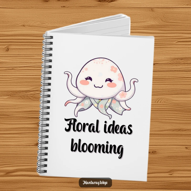 Funny manta ray in a floral kimono, smiling and waving tentacles, on a humorous notebook for capturing thoughts.