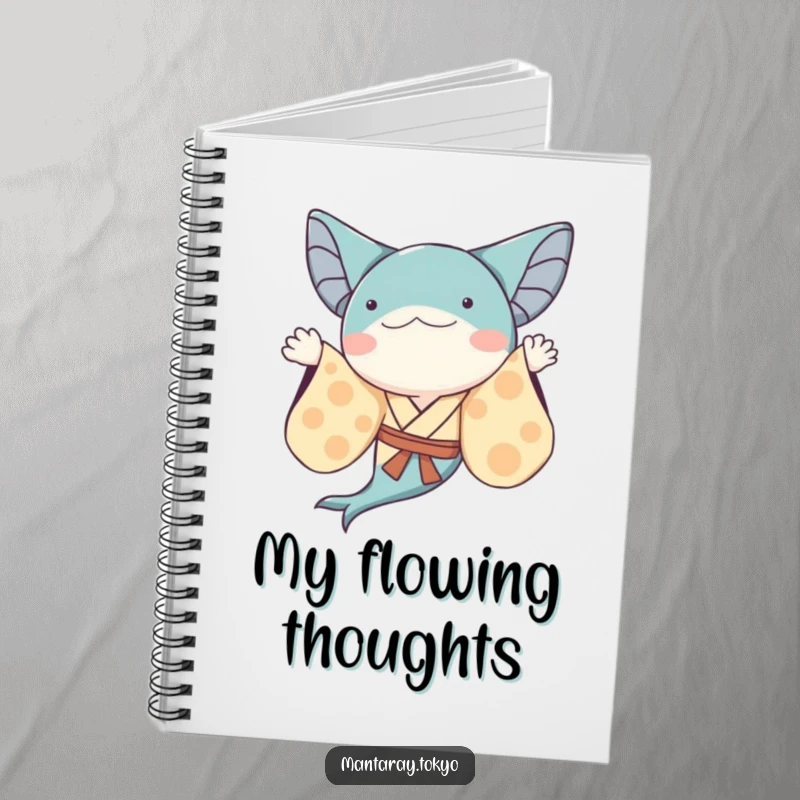 Funny whimsical manta ray in a kimono with flowing sleeves, waving, on a humorous notebook for capturing ideas.