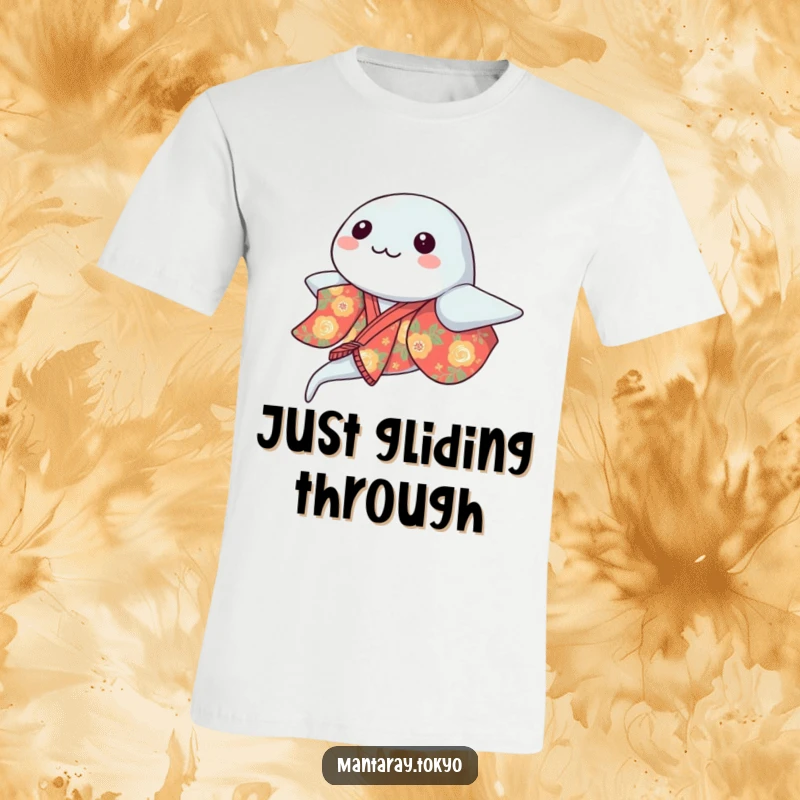 Funny kawaii manta ray wearing a vibrant kimono, gracefully gliding, on a humorous t-shirt, ideal for sea life admirers.