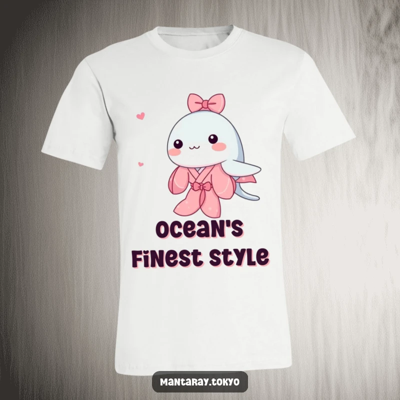 Funny Kawaii Manta Ray T-Shirt depicting a cute manta ray gracefully swimming while wearing a traditional pink kimono.