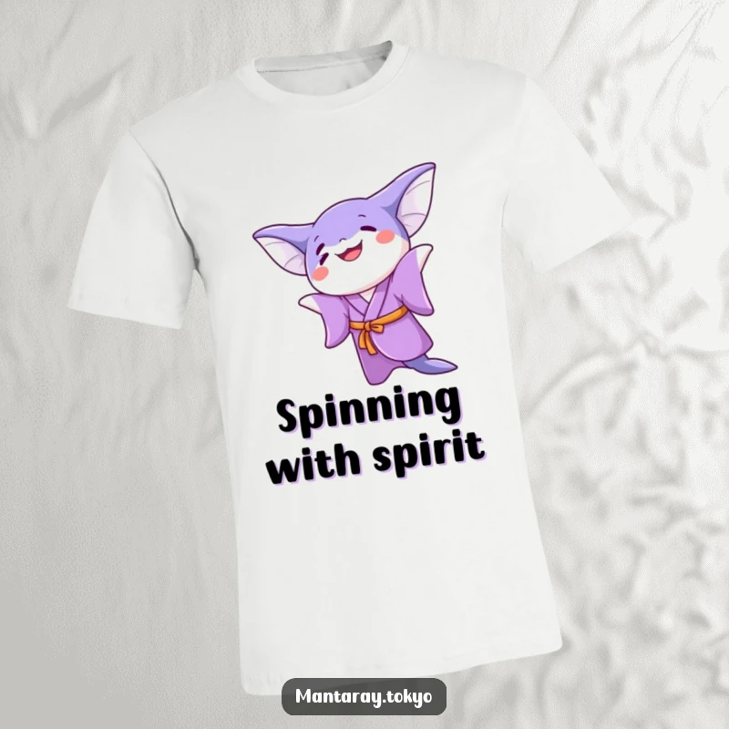 Funny kawaii manta ray in a purple kimono doing a joyful twirl, printed on a t-shirt, celebrating movement.