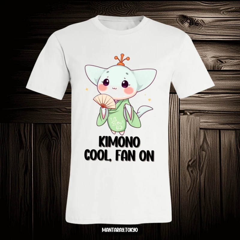 Funny kawaii manta ray wearing a green kimono, holding a delicate fan, printed on a t-shirt, looking serene and stylish.