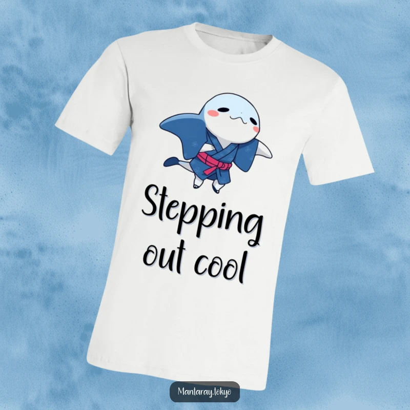 Funny manta ray in a traditional indigo kimono, doing a little dance step, depicted on a humorous t-shirt.