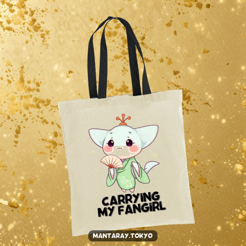 Funny kawaii manta ray wearing a green kimono, holding a fan, on a durable tote bag, ready for shopping.
