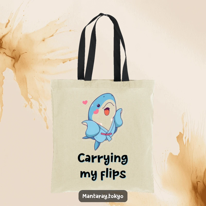 Funny Kawaii Manta Ray Tote Bag featuring a cute manta ray in a blue kimono performing a playful flip, a fun accessory.