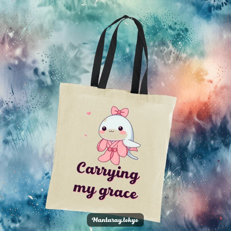Funny Kawaii Manta Ray Tote Bag featuring a cute manta ray wearing a pink kimono and swimming, a charming accessory.