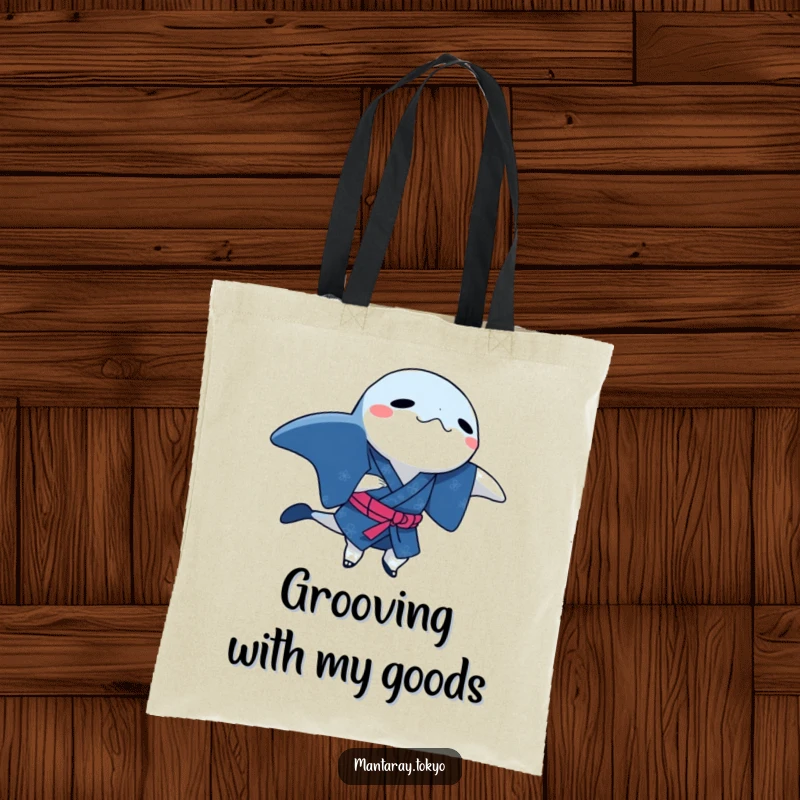 Funny manta ray in a traditional indigo kimono, performing a dance step, on a reusable and humorous tote bag.