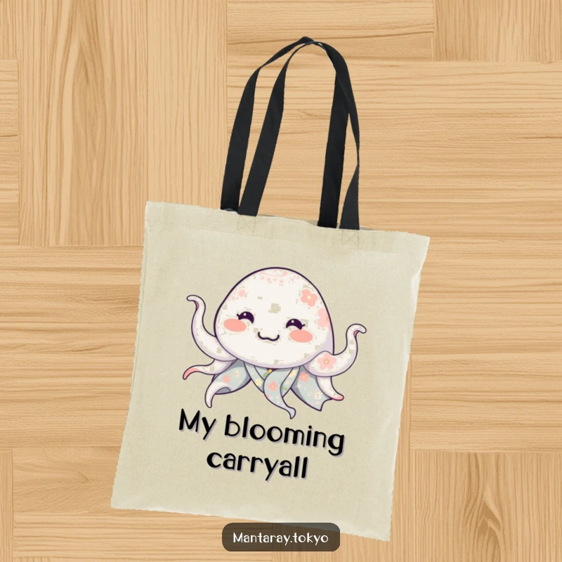 Funny manta ray in a floral kimono, smiling and waving tentacles, on a reusable and humorous tote bag.